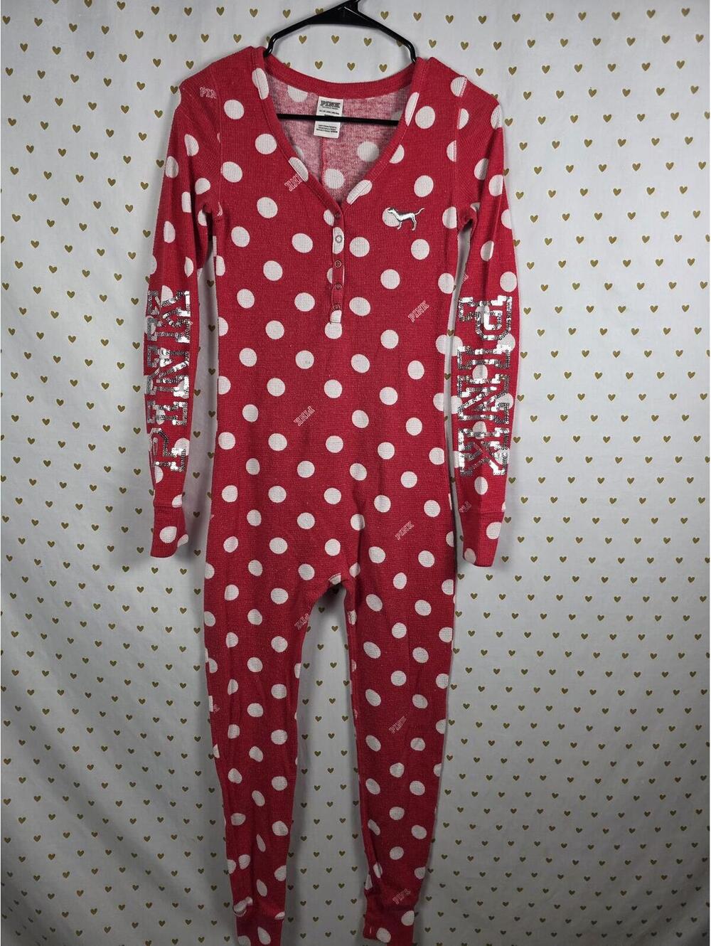 VICTORIA'S SECRET PINK POLKA DOT Red Trap Door ONE PIECE BODYSUIT PAJAMAS XS